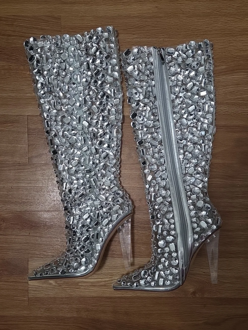 Embellished Silver Crystal Knee-High Heeled Boots - AZALEA WANG - 7